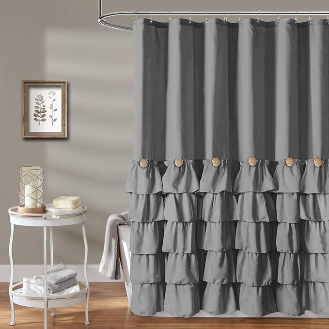Seasonwood Grey Ruffle Shower Curtain Farmhouse Shower Curtain 72 X 72 | Natural button accents, layered fabric tiers, shabby chic and French country styling for decorative bathroom updates