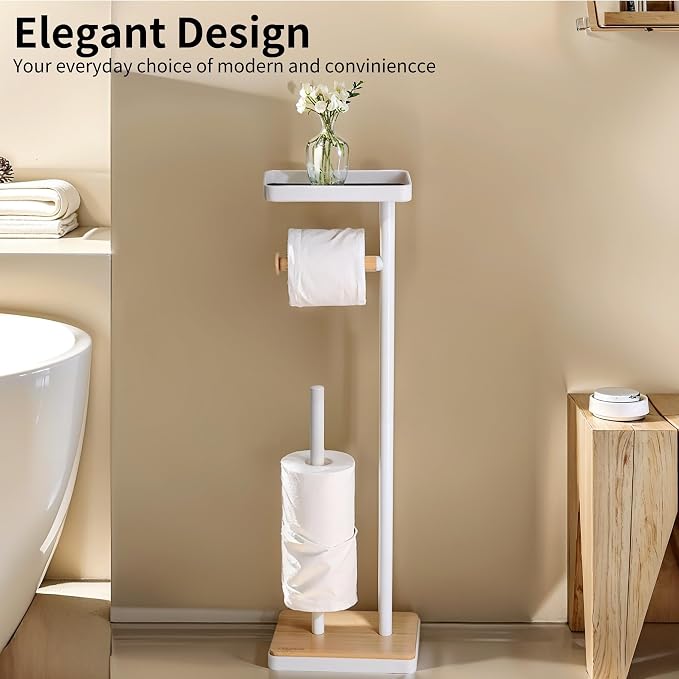 Clasin Home Toilet Paper Holder Stand, Free Standing Toilet Paper Holder with Storage and Top Shelf, White Toilet Paper Stand Weighted Base with Bamboo Design for Bathroom