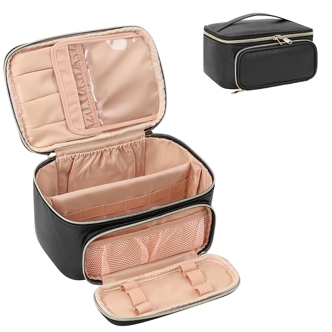 Makeup Bag, Multifunctional Make Up Bags with Zipper Pouch Large Compact Makeup Bag Organizer for Women Girls Cosmetics Toiletry Brushes Storage Makeup Case with Handle Divider-Black