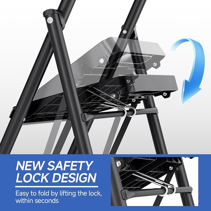 KINGRACK 2 Step Ladder, Portable Folding Ladder with Anti-Slip Pedals | Heavy Sturdy Steel Step Stool for Multi-Purpose, Home, Kitchen, Handrail, Safe-Lock Design, Pass 500lbs Load Testing, Black