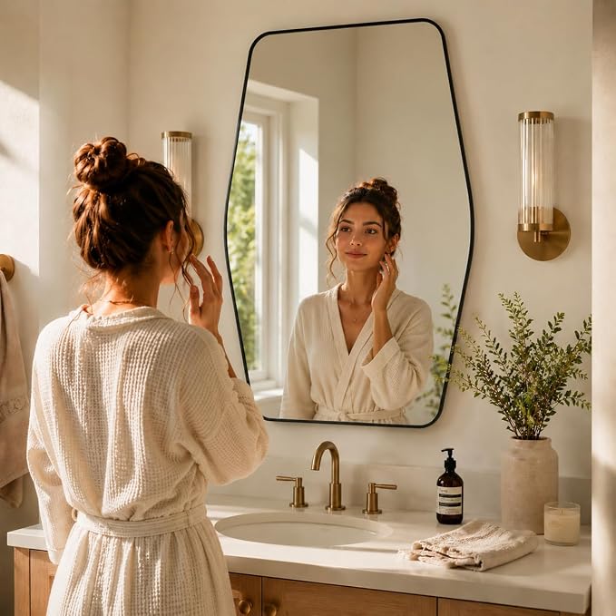 Matte Black Tapered Rectangle Bathroom Mirror, 24x36 Inch | Aluminum alloy frame, tempered glass, two-way keyhole mount, for bedroom, hallway, console
