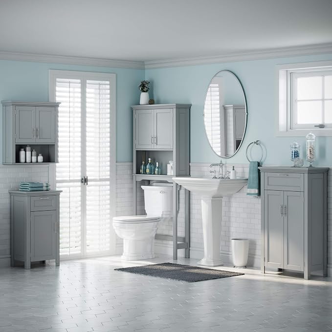 RiverRidge Somerset Two-Door Bathroom Storage, Gray Wall Cabinet, Grey, Set 1 | Open Display Shelf, Adjustable Interior Shelf, Two-Tone Handles, Space-Saving, Laundry Storage