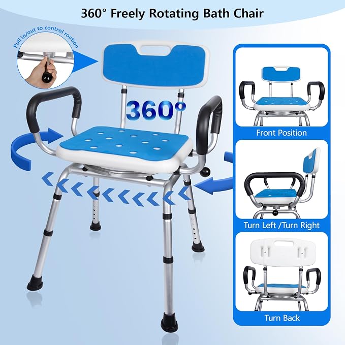 Swivel Shower Chair with Handle 500lbs Capacity Adjustable Arms & Back | 360° Swivel, 5-Level Height Adjust, Non-Slip Feet, Tool-Free Assembly With Extra Suction Bath Grab Bar