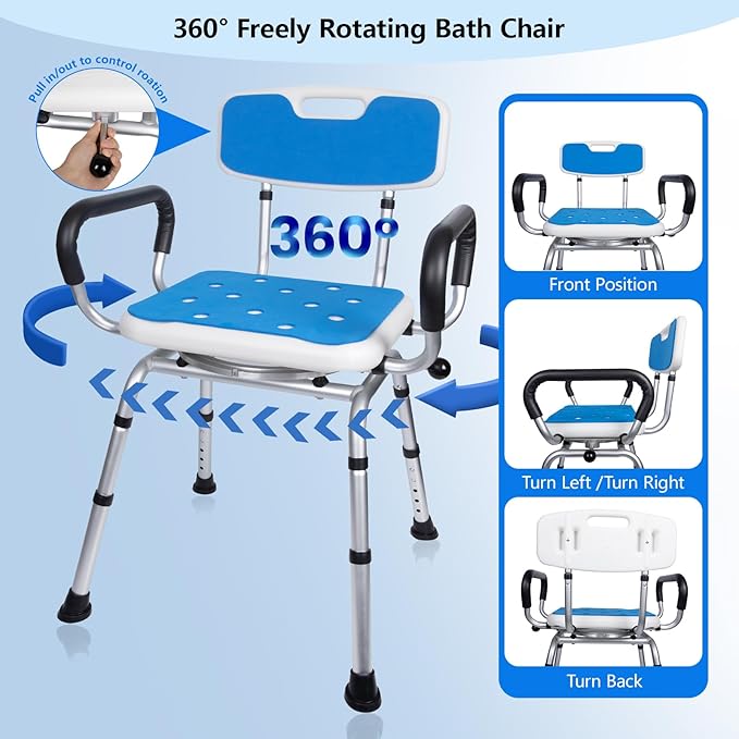 Swivel Shower Chair 500lbs Heavy Duty Adjustable Arms & Back 360° Rotating | Slip-resistant rubber feet Easy-clean Tool-free Install Ergonomic wide seat Built-in drainage holes 5 height settings