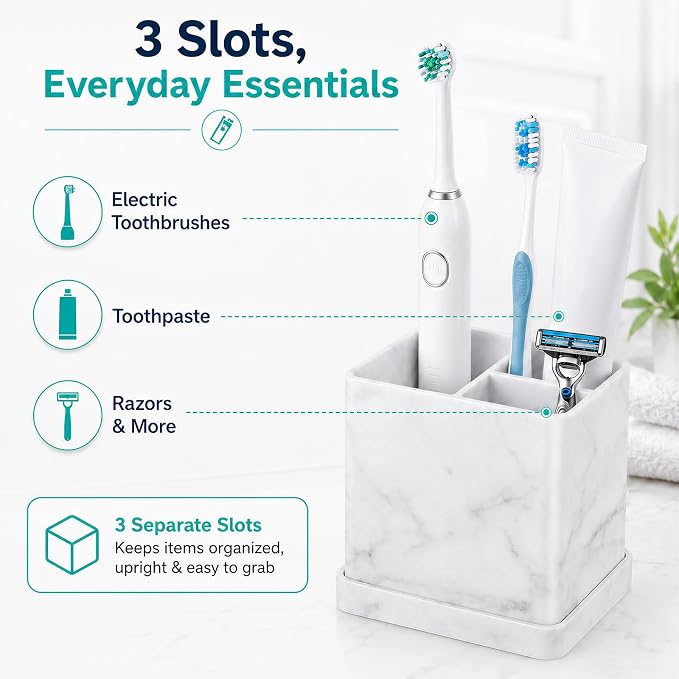 Silicone Toothbrush Holders for Bathrooms with Drainage Tray, White Marble | 3 Slots Unbreakable Countertop Electric Tooth Brush and Toothpaste Holder Organizer Stand, Marble Bathroom Accessories Decor