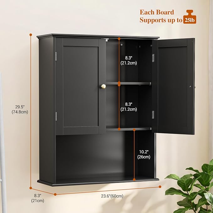 Bathroom Wall Cabinet, Black 30" x 24" Wall Mounted Medicine Cabinet, Over Toilet Storage Hanging Cabinet Adjustable Shelves Cupboard with Large Space for Laundry Room, Bedroom, Kitchen, Entryway
