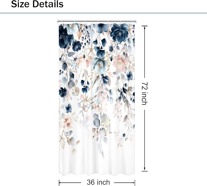 Small Stall Floral RV Blue Pink Bathroom Shower Curtain Set | 36"W x 72"L Flower Watercolor look, waterproof HD printed shower curtain, quick-dry fabric and free hooks.