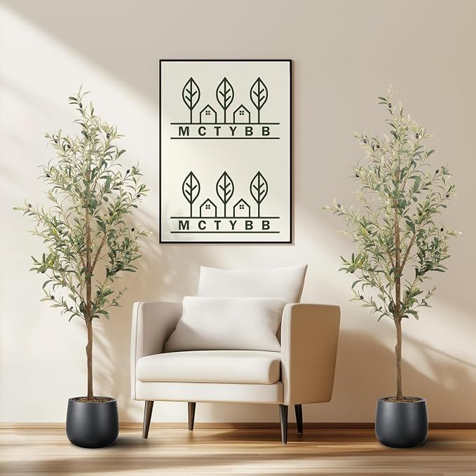 Artificial Fake Olive Tree 5FT 2Pack Faux Olive Tree for Home Decor | Faux Artificial Plants Indoor Fake Potted Plants with Natural Olive Branches and Realistic Leaves for Living Room Decor