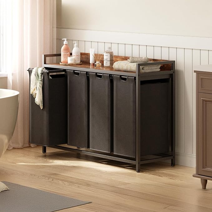 Herture Laundry Hamper with Shelf, Laundry Basket 4 Section, Laundry Sorter with Pull-Out Removable Large Bags and Movable Wheels, Metal Frame, 4 x 15.87 Gallons (60L), Rustic Brown + Black PF07XLY