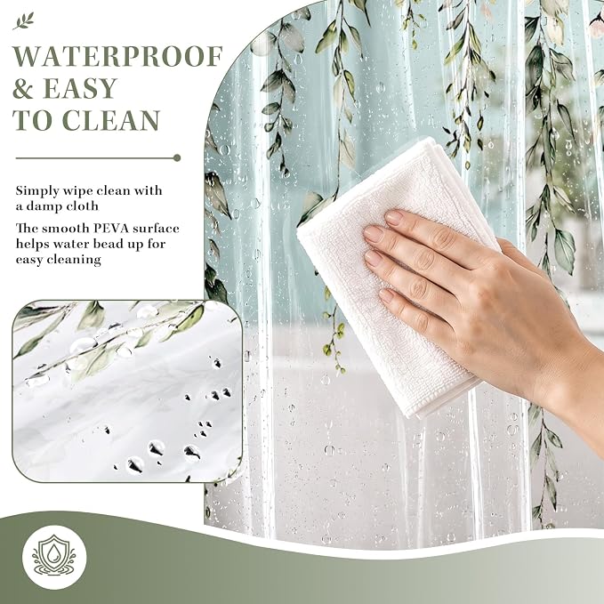 Clear Shower Curtain Liner, Botanical Plant Leaf PEVA, 72x72 Inch | Sage Green Waterproof Bath Plastic Shower Curtains Set with 3 Weighted Magnets and 12 Hooks for Bathroom Decor