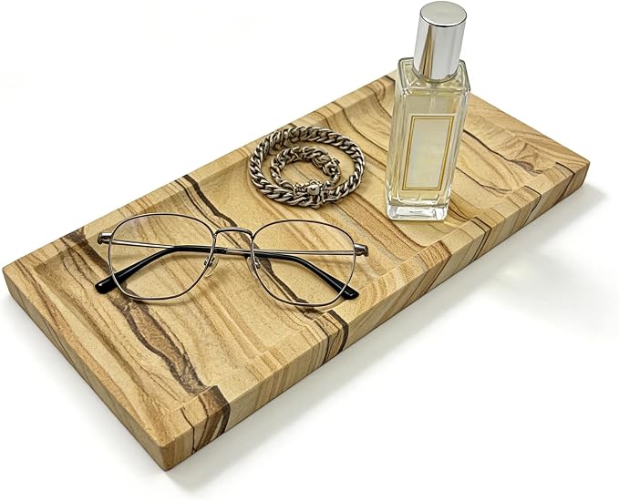Sandstone Tray for Bathroom Countertop, Rectangular Stone Decorative Tray, Vanity Tray for Makeup, Perfume, Skincare, Jewelry & Bathroom Accessories (Earth Tone)