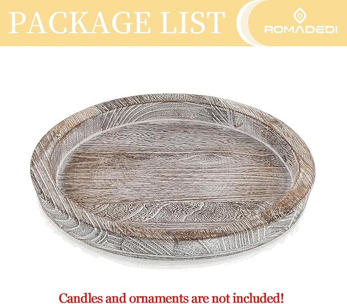 Wooden Decorative Tray Candle Holder: Romadedi Round Wood Tray Home Decor, Whitewash Rustic Trays for Farmhouse Dinning Table Kitchen Countertop Coffee Table Wedding Centerpiece, 11inch, Size L | Wood Decorative Pillar Candle Tray, For Coffee Table, Ki...
