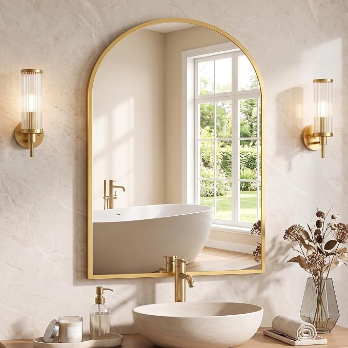 NEWBULIG 20X30 Inch Arched Bathroom Wall Mirror for Over Sink, Gold | Wall Vanity Mirror with Tempered Glass, Anti-Rust Arched Metal Framed, Hanging or Leaning, Farmhouse Home Decor
