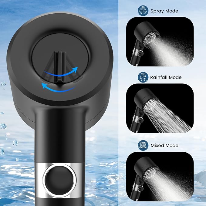 Filtered Shower Head with Handheld,High Pressure Shower Heads with Filters | ON/OFF Switch,4 Spray,Built-in Power Wash,Detachable Showerhead,Silicone Massage Brush,Balck,Water Softener