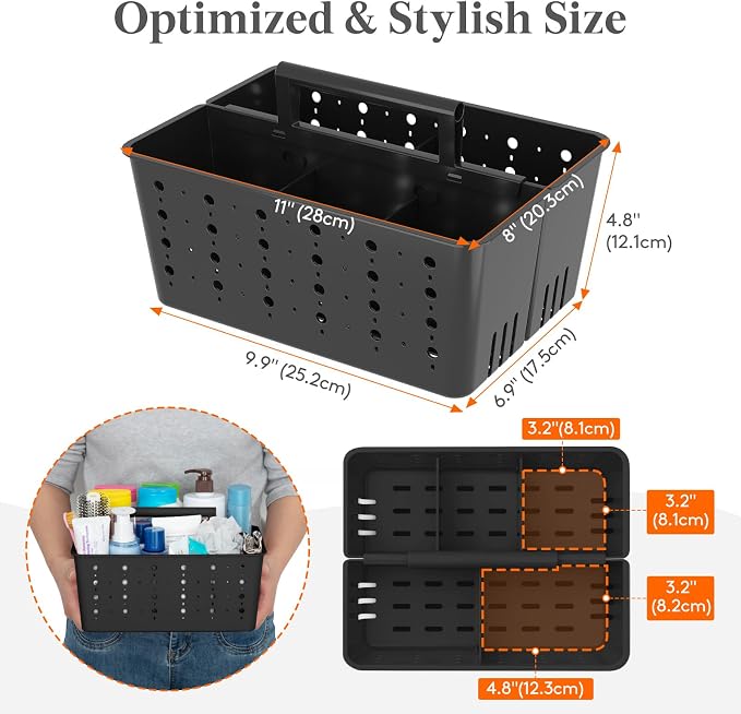 Lifewit Portable Shower Caddy, Plastic Basket Organizer, 1 Pack, Black | Sturdy ABS plastic, Removable Compartment, Drain Design, College Dorm Room Essentials with Handle, for Bathroom, Toiletry