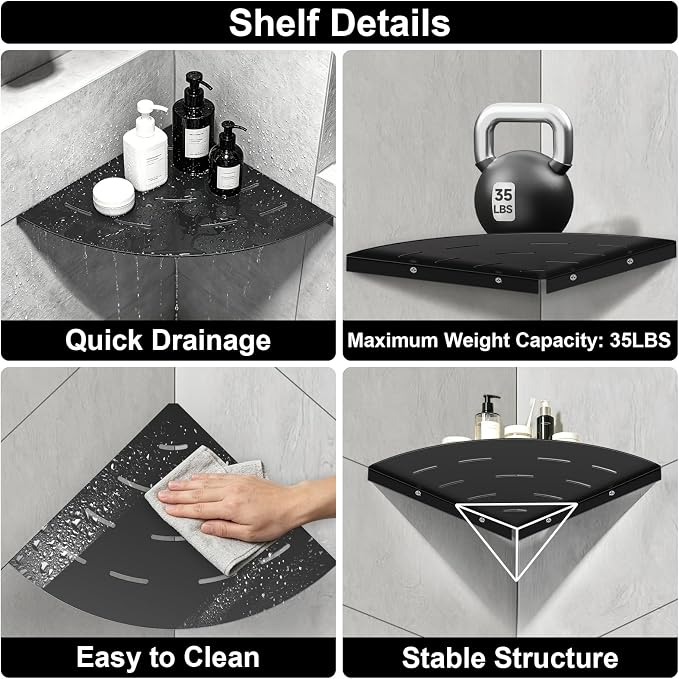 soaez Matte Black Corner Shower Shelf, SUS304 Stainless Steel Bathroom Shower Shelves Prevent Rust Drilling Installation (8", 2Pack)