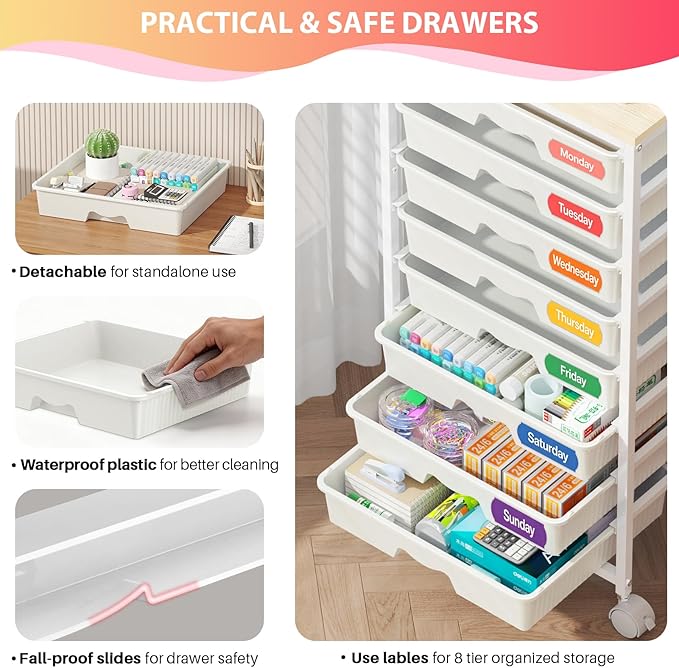 Goovilla Rolling Cart with 8 Drawers for Art, Dorm, Office, Craft, White | Utility Cart Organizer With 8 Removable Drawers and Wooden Tabletop, Lockable Rolling Storage Organizer for Classroom, Home