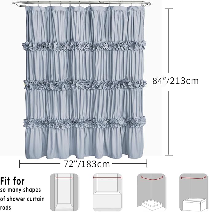 Fog Blue Ruffle Shower Curtain 72“ W x 84” H | Vintage Handcrafted Bow Tie Bath Curtain for Master Bathroom, Ruched Microfiber Bathroom Curtain with 12 Buttonholes (LQ-10)