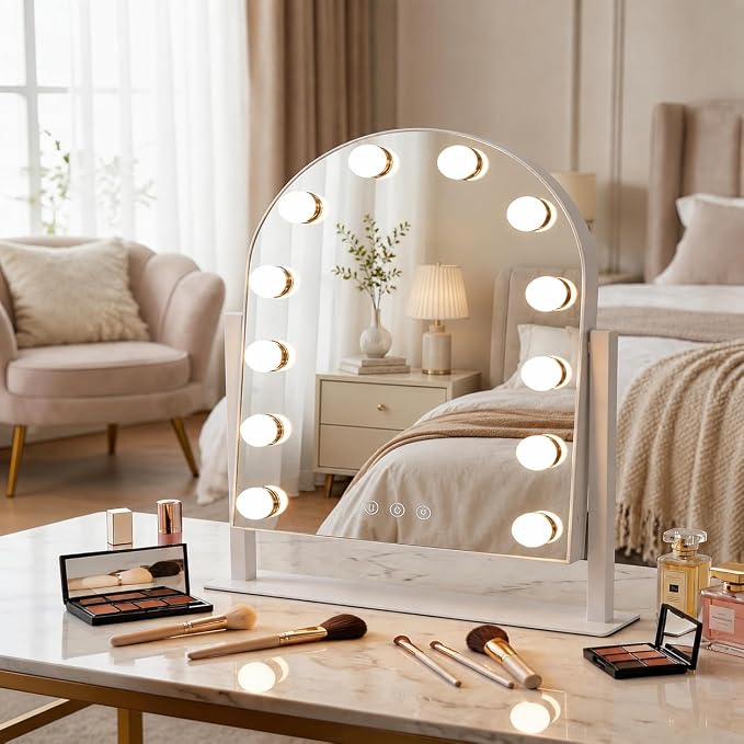 Arched Makeup Vanity Mirror with Lights,10X,White 18.5"x 14.17" | Vanity Mirror with Detachable 10X Magnification Mirror, Rechargeable, 3 Color Lights,Smart Touch, 360‑Degree Swivel