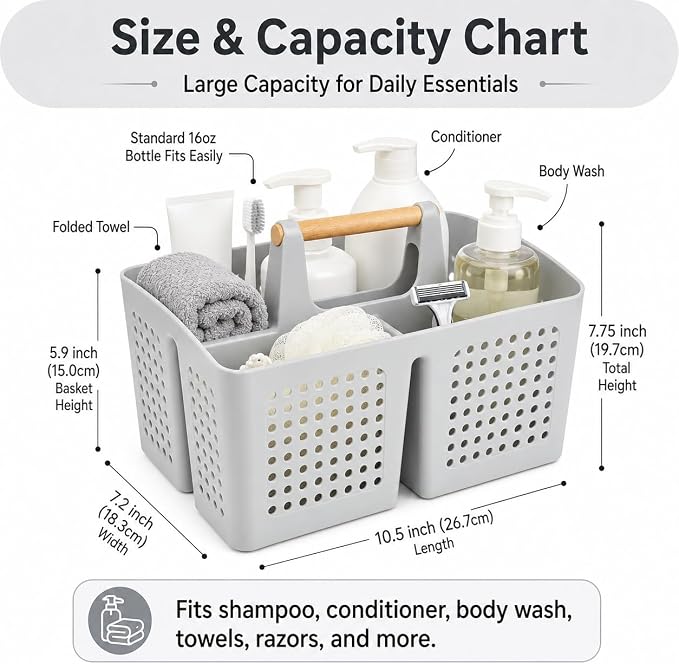 Portable Shower Caddy Basket with 3 Compartments and Handle, Light Gray | Plastic Divided Storage Caddy for Bathrooms, Apartments, Guest Rooms, Offices, Crafts and Under-Sink Organization