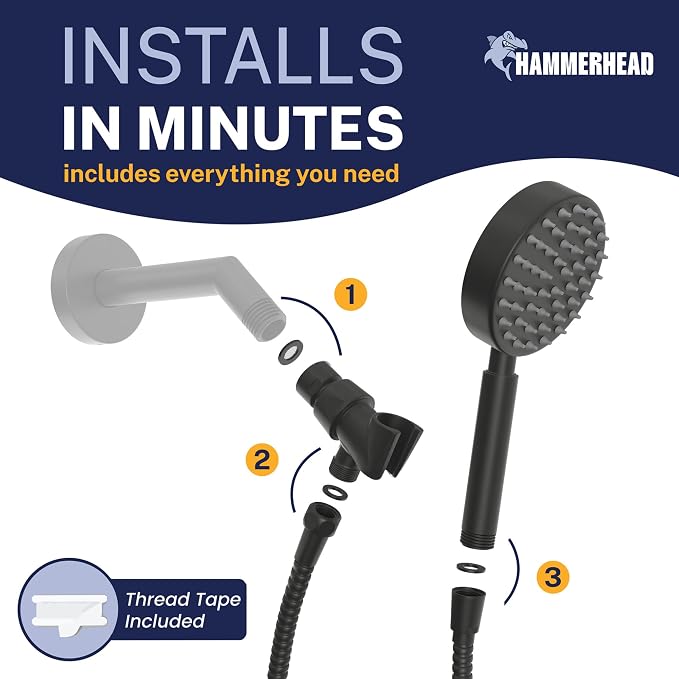 HammerHead Showers® Solid Metal Handheld Shower Head with Hose and Brass Holder - MATTE BLACK - 2.5 GPM High Pressure Shower Heads with Adjustable Shower Wand Bracket - 6ft Flexible Extension