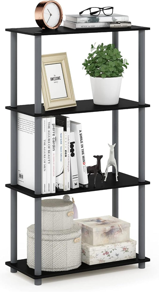 Furinno TURN-N-TUBE Storage Shelves, 4-Tier Toolless Book Shelf, Corner Shelf, Toolless Open Shelves, for Organization and Storage, Living Room, Garage, Home Office, Black
