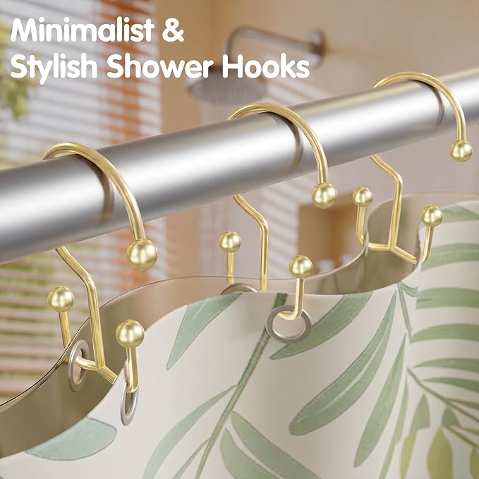 OEH Shower Curtain Hooks, Metal Shower Curtain Rings, Gold Shower Curtain Hooks Rust Proof, Double Shower Rings for Curtain, Easy Install Anti-Drop Shower Hooks for Shower Curtain (Gold, 12 Pack)