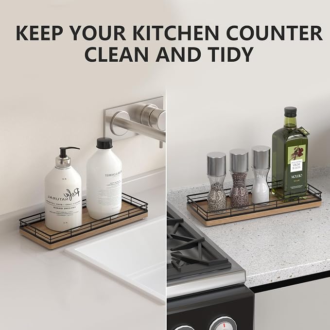 Bathroom Tray for Counter Top Organizer, Acacia Wood Vanity Tray | Metal Frame for Dresser, Kitchen & Nightstand, Black & Acacia Decorative Storage