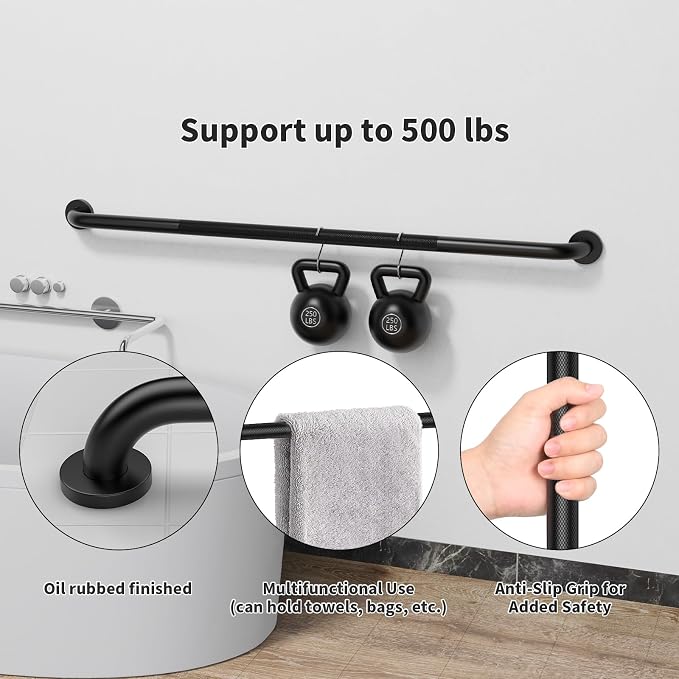 48 Inch Anti Slip Shower Grab Bar, Munzong Grab Bar for Wall Black | Bathroom Knurled Handicap Balance Bar Safety Hand Rail Support Elderly Senior Assist Bath Handle