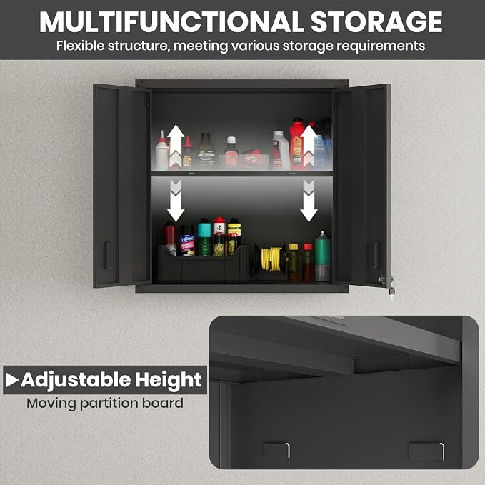 30 Inch Metal Wall Cabinet, Metal Wall Cabinet for Garage, 2pcs,Black | Wall Mount Cabinet with Lock and Adjustable Shelf, Lockable Storage Cabinet for Home Office,Garage,Gym,School