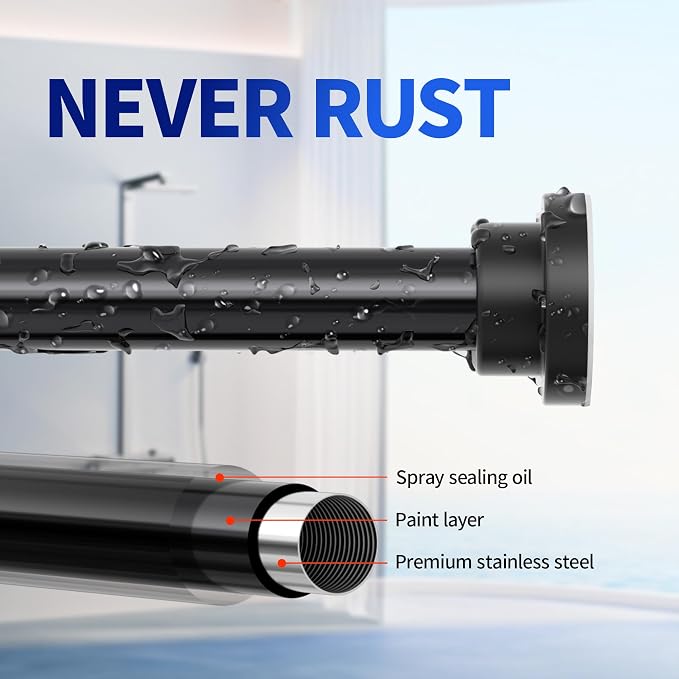 Mcrbeay Shower Curtain Rod, 1" Diameter Heavy Duty Tension Shower Rod | Adjustable 28-74 inch Non Slip No Drill Spring Tension Rod For Bathroom, Shower Stall, No Rust, Black