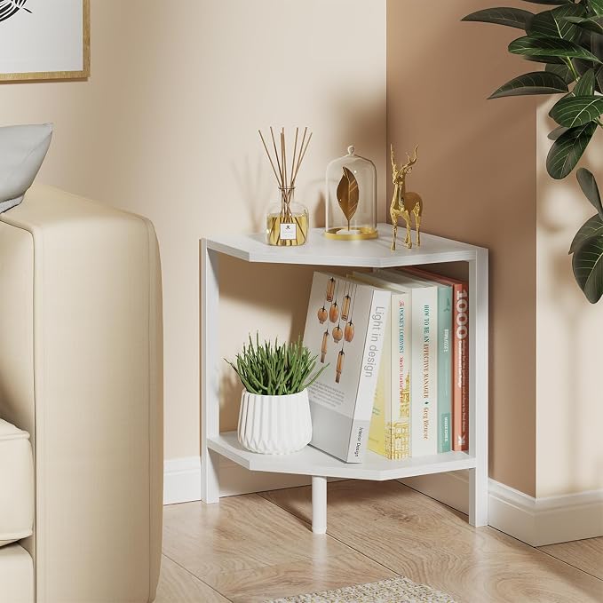 Creso hom Corner Shelf Stand, 2 Tier Industrial Corner Bookshelf | Multipurpose Standing Corner Display Shelf Countertop Organizer for Living Room Kitchen Bedroom Office, White