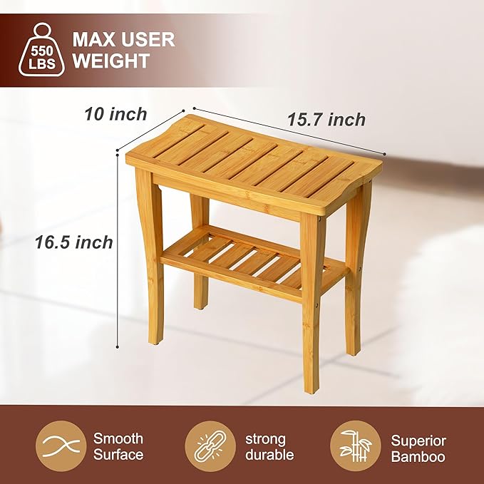 Bamboo Shower Bench Stool with Storage Shelf, Waterproof Shower Chair Spa Bath Seat, Shower Stool for Inside Shower, Bathroom Bench Seat for Adults Elderly Seniors for Indoor or Outdoor Use