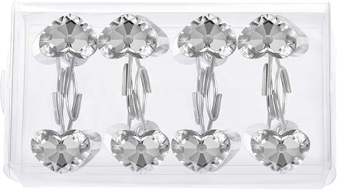 HBlife 12 Pcs Acrylic Decorative Rolling Diamond Shower Curtain Hooks Rust Proof Rhinestones Crystal Bling Shower Curtain Hooks for Curtain and Shower Rod, Clear Heart