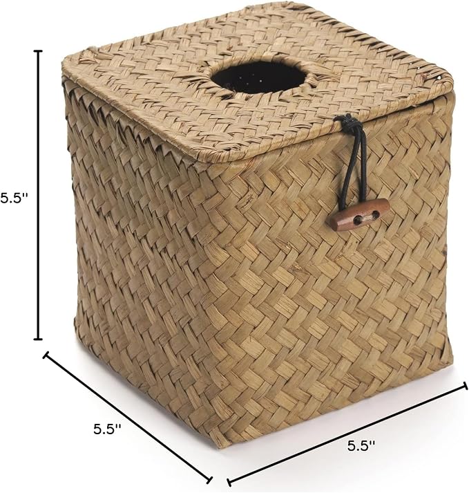 Seagrass Square Tissue Box Cover Woven Napkin Holder Decorative for Bathroom Farmhouse (Natural, 5.5 x 5.5 x 5.5 Inch)
