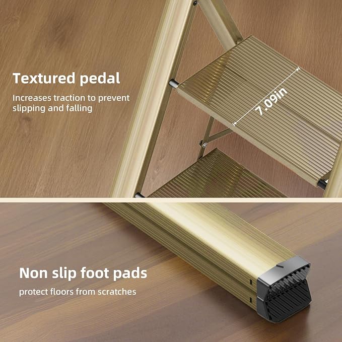 2 Step Ladder, Folding Step Stool, Brown Gold | Wide Anti-Slip Steps and a Foldable, Space-Saving Design for Adults to Use in Kitchens, Closets, Library,300 lbs