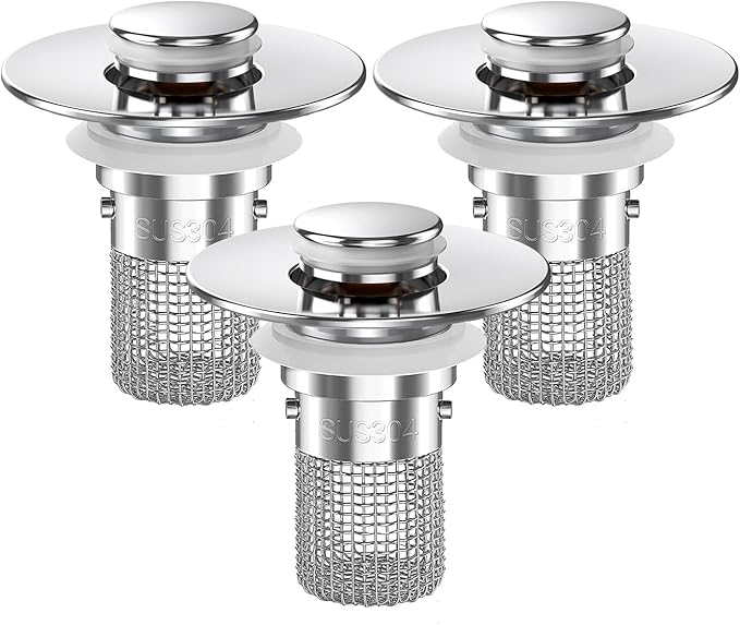 Bathroom Sink Drain Strainer, Pop-up Sink Drain Strainer with Removable Stainless Steel Strainer Basket Hair Catcher, Bathroom Sink Strainer for Bathroom Sink Stopper Replacement (3PCS)