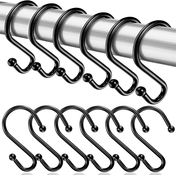 Shower Curtain Hooks, Metal Shower Hooks for Shower Curtain Rod, Rust Proof Metal Shower Curtain Rings, Decorative S Shower Hook (24PCS Black)