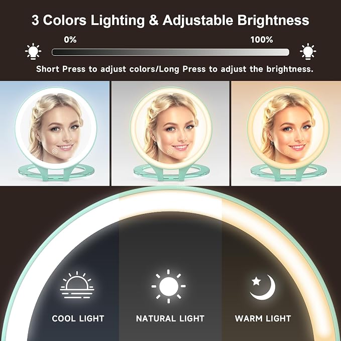 Mocado 1X/20X Magnifying Mirror with Light, Travel Makeup Mirror with Light | Double Sides Travel Mirror with 3 Color Light, Dimmable Touch, 1500mAh Rechargeable, Brightness Adjustable(Green)