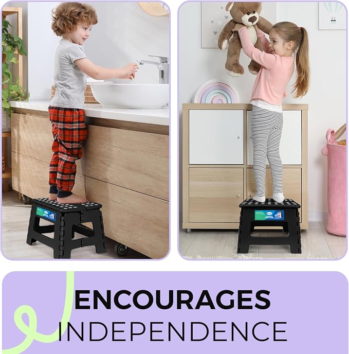 Dyforce Kids Step Stool 9 Inch, 300lbs Folding Step Stool for Toddler | Step stool for kids Black,Anti-slip Heavy Duty with Handle, Lightweight Foldable Stool for Bathroom Kitchen Bedroom Outdoor