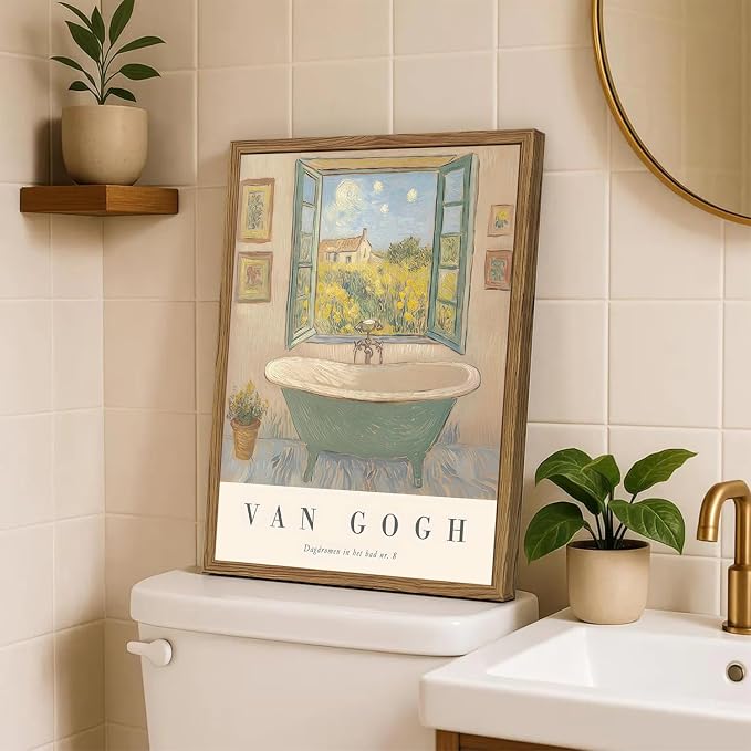 Vintage Van Gogh Bathroom Wall Art Cute Impressionist Bathtub Wall Decor Picture Rustic Farmhouse Bathroom Canvas Painting Print 24x16 inch Wood Framed