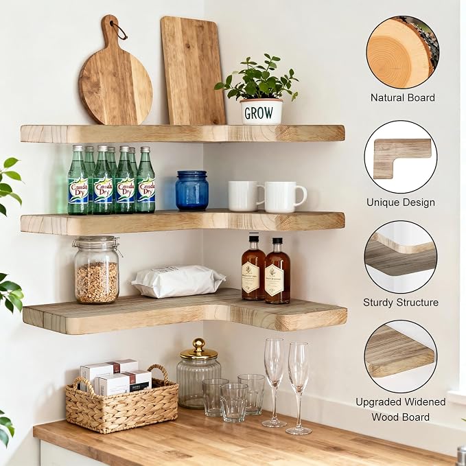 Floating Corner Shelves, Wall Shelf Set of 3, Shelves for Wall Storage, Solid Wood Shelves for Storage, Wall Mount Wooden Display Shelf for Bathroom Bedroom Kitchen Garage (Light 3Pcs)