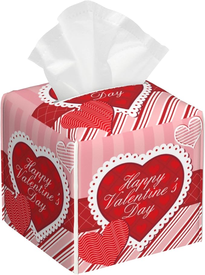 Tissue Box Cover Leather Tissue Box Holder Cube Tissue Case Cover Facial Paper Organizer Dispenser for Bathroom, Vanity Countertop, Office Desk (Red Heart)