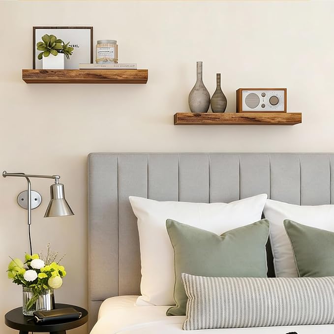 Fixwal Floating Shelves for Wall Decor (Rustic Brown, Set of 2, 15.7 Inch) | MDF Shelves with Metal Brackets, Space Saving for Books, Decor, Works in Bathroom, Kitchen, Living Room, Bedroom