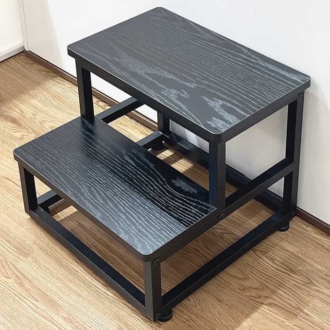 SZLHANJZ Step Stool, Wood & Metal Step Stools for Adults Kids, 500 LB Load | Bedside Steps for High Beds with Round Corners, 2 Steps Footstool for Adults, Stepping Stool for Kitchen Bedroom, Black