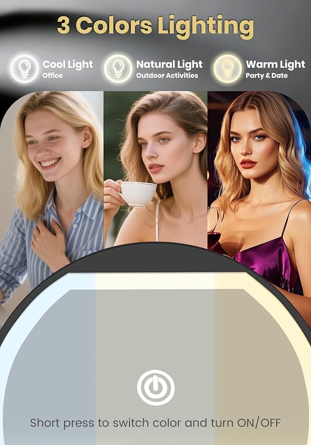 Compact Mirror with Light, Rechargeable 40X Magnifying Mirror with 3 Lighting Modes & Dimmable Brightness, Portable Travel Makeup Mirror; Essentials for Travel, Pocket, Purse Gifts Black
