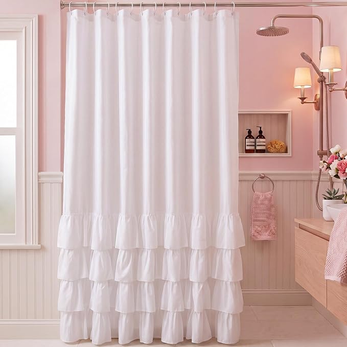 Hahafelt White Dorm Ruffle Shower Curtain 72 x 72 Inches, Half Ruffle | Fabric Preppy Ruffled Shower Curtain with 12 Hooks, Cute Dorm Bathroom Decor, Farmhouse College High School Bathroom Decor