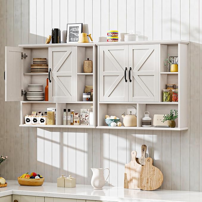 Bathroom Wall Cabinet, Farmhouse Medicine Cabinet with Doors, Rustic White | Over The Toilet Storage Cabinet with Double Barn Door and Adjustable Wood Shelf for Wall Mounted for Bathroom Laundry Kitchen