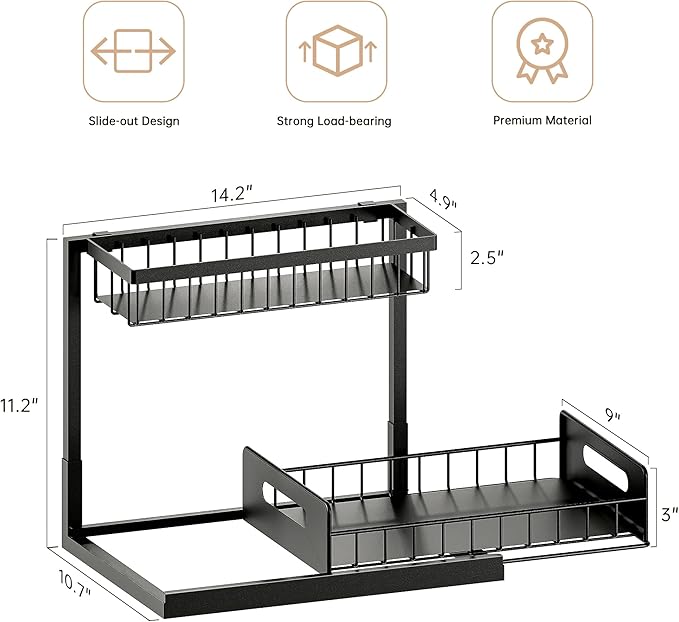 Under Sink Organizer and Storage, Slide Out Cabinet Organizer, Pull Out Sink Shelf for Kitchen Bathroom Laundry, Black, 1 Pack