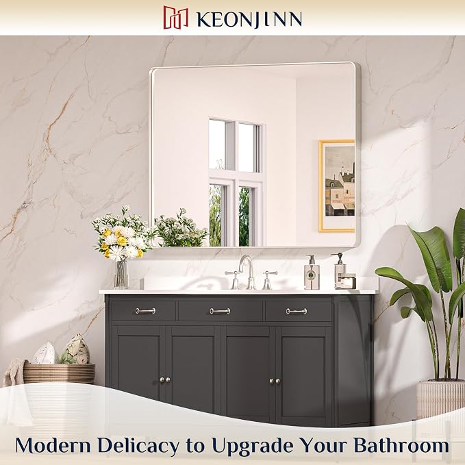 Keonjinn 42 x 36 Inch Brushed Nickel Bathroom Vanity Mirror, Tempered Glass | Rounded Rectangle Vanity Mirror, Silver Bathroom Mirrors for Over Sink, Rust-Resistant Aluminum Frame, French Cleat Mount